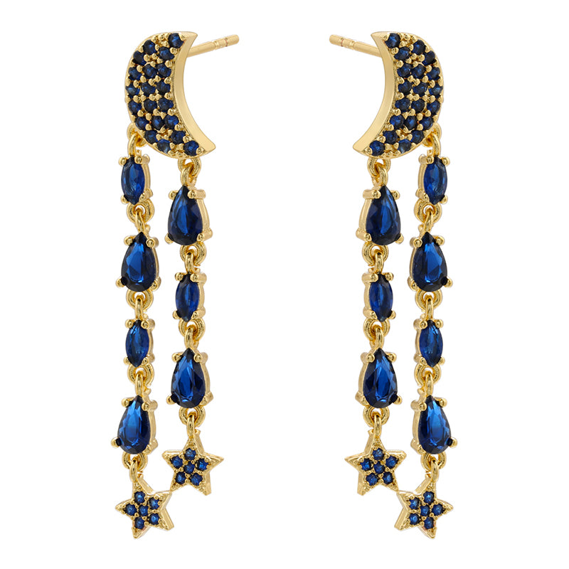 1 Pair Ig Style Elegant Simple Style Star Moon Tassel Plating Inlay Copper Zircon 18k Gold Plated Drop Earrings