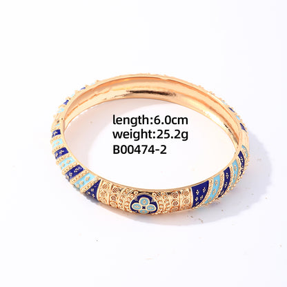 Casual Elegant Vintage Style Four Leaf Clover Round Copper Enamel Plating Gold Plated Bangle