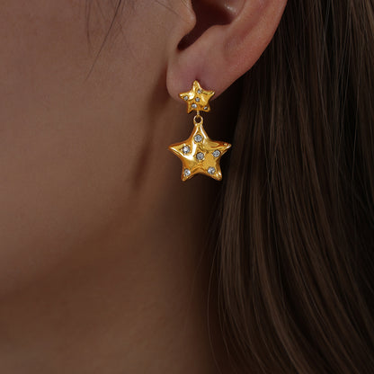 1 Pair Luxurious Pentagram Plating Inlay Titanium Steel Rhinestones 18k Gold Plated Earrings