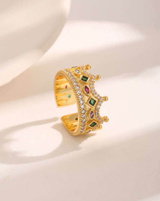 Luxurious Baroque Style French Style Crown Copper 18k Gold Plated Zircon Open Rings In Bulk