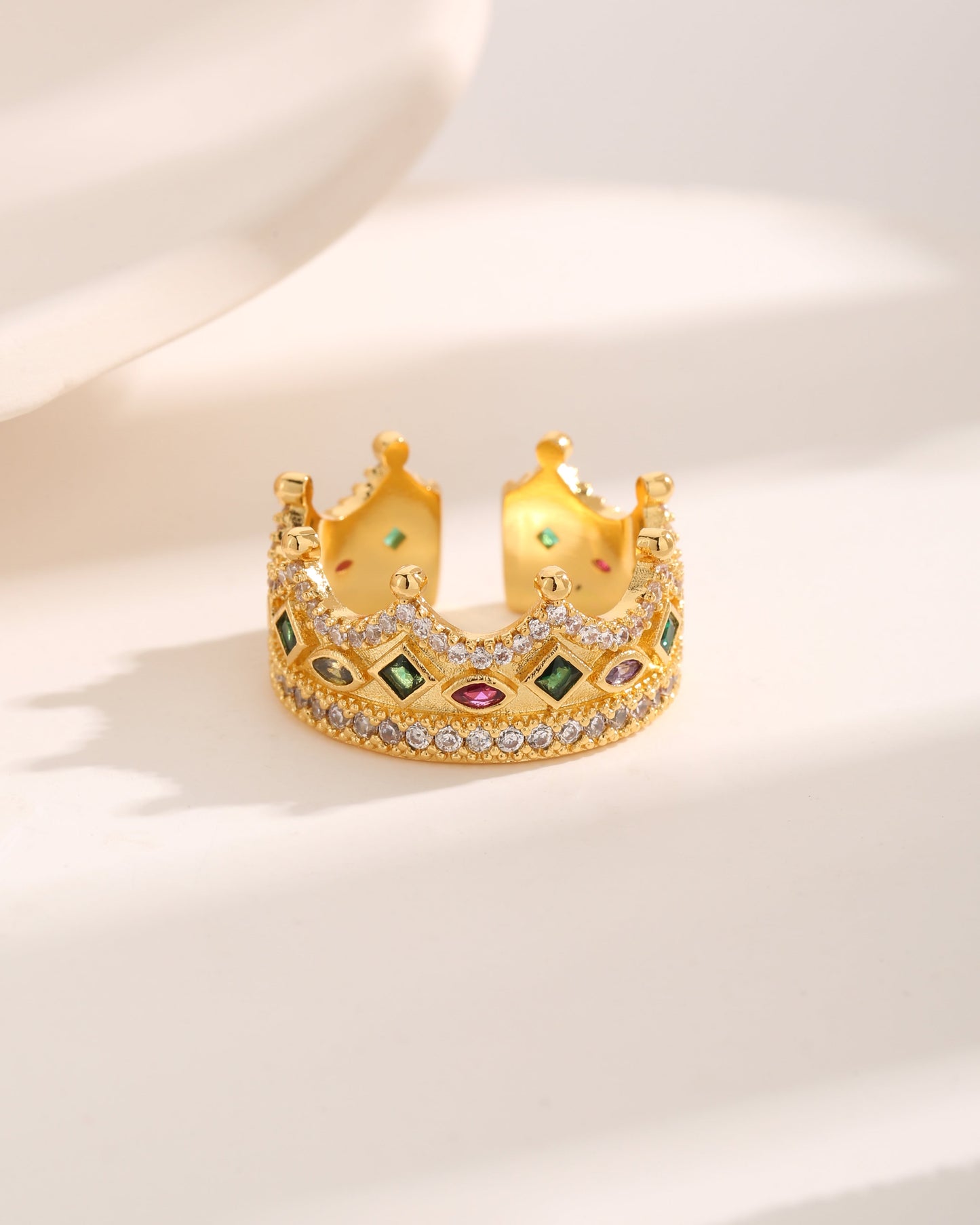 Luxurious Baroque Style French Style Crown Copper 18k Gold Plated Zircon Open Rings In Bulk