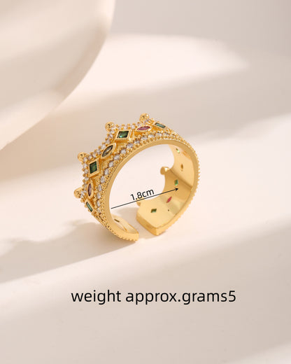 Luxurious Baroque Style French Style Crown Copper 18k Gold Plated Zircon Open Rings In Bulk