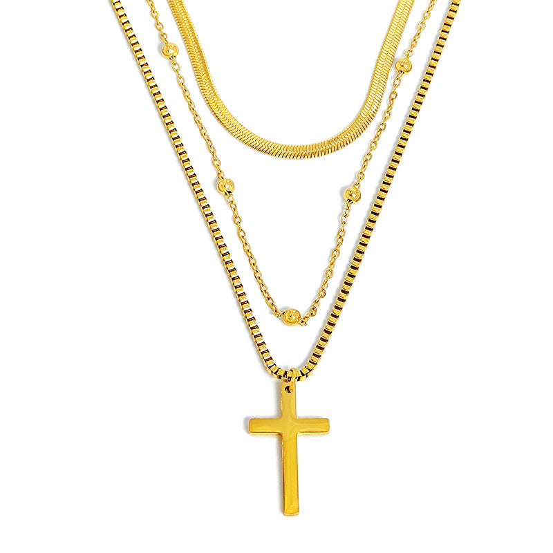 Vacation Streetwear Cross Titanium Steel Layered Necklaces In Bulk