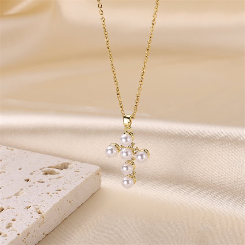 Simple Style Cross Stainless Steel Brass Plating Inlay Pearl 18k Gold Plated Pendant Necklace