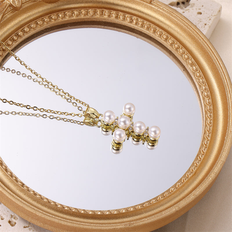 Simple Style Cross Stainless Steel Brass Plating Inlay Pearl 18k Gold Plated Pendant Necklace