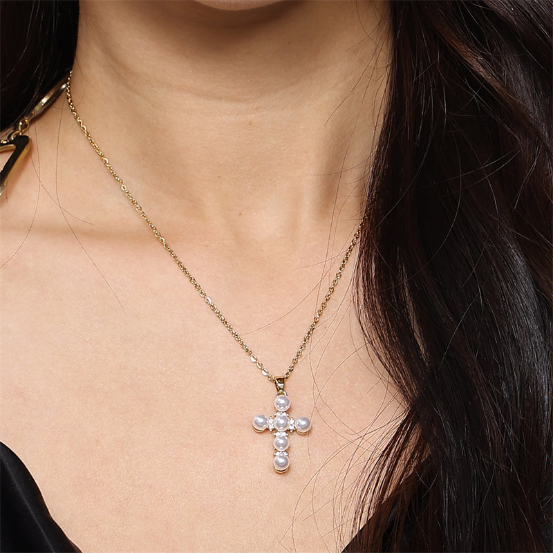 Simple Style Cross Stainless Steel Brass Plating Inlay Pearl 18k Gold Plated Pendant Necklace