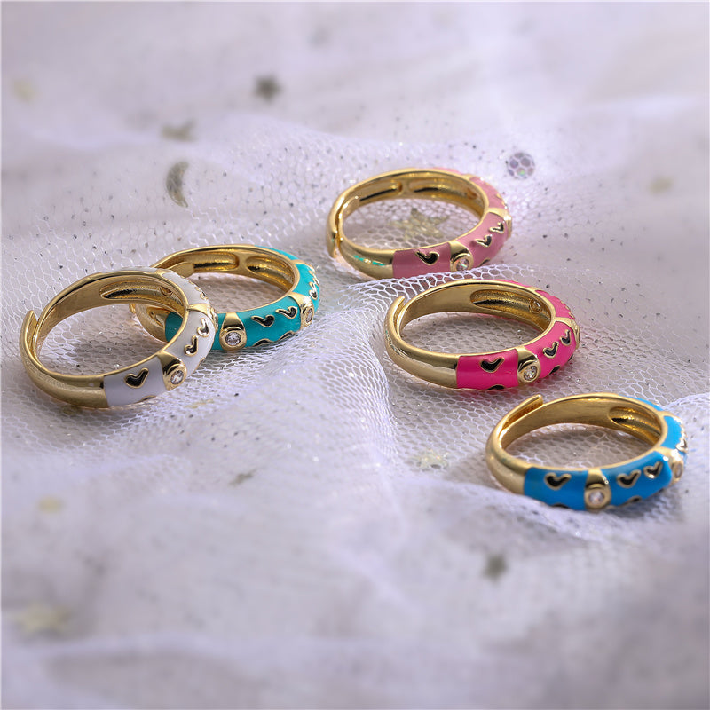 Elegant Colorful Heart Shape Copper Enamel Plating Inlay Zircon 18k Gold Plated Open Rings