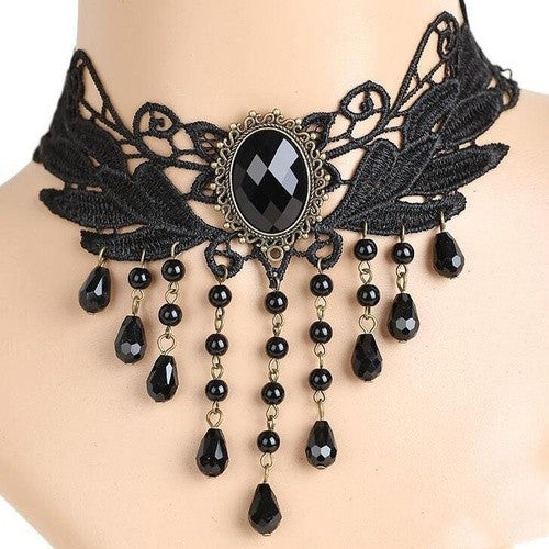 Lolita Plaid Water Droplets Lace Inlay Rhinestones Women's Choker