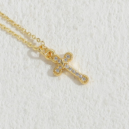 Elegant Cross Copper Plating Inlay Zircon 14k Gold Plated Necklace