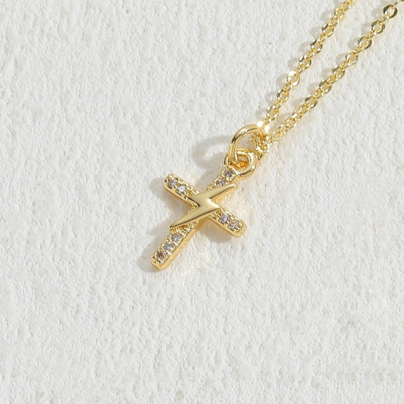 Elegant Cross Copper Plating Inlay Zircon 14k Gold Plated Necklace