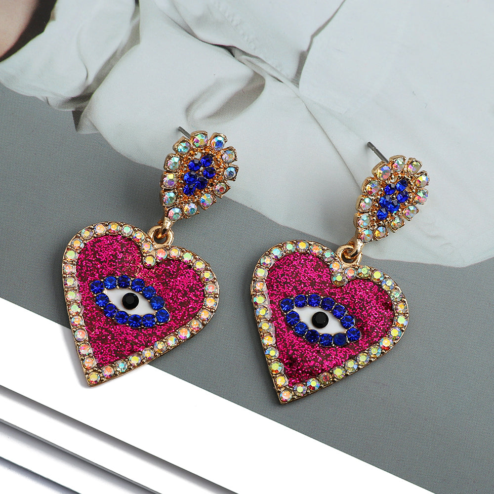 1 Pair Exaggerated Devil's Eye Heart Shape Inlay Alloy Rhinestones Drop Earrings