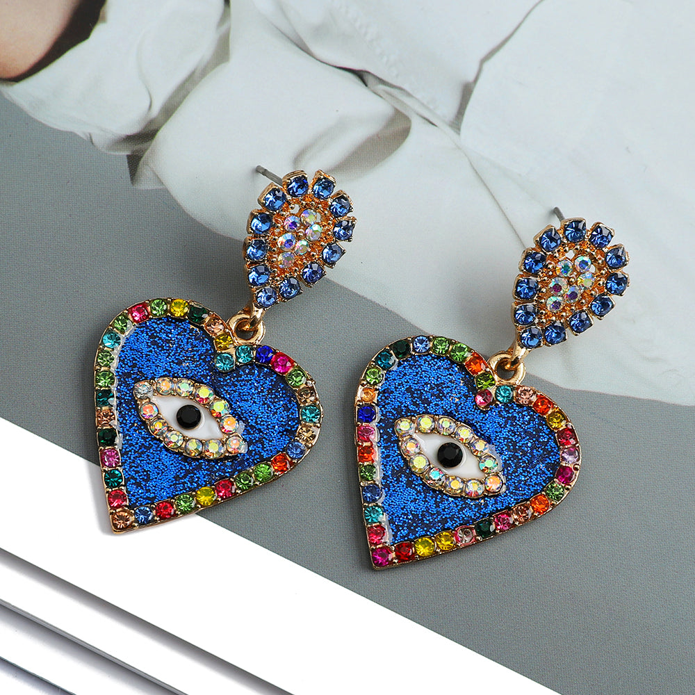 1 Pair Exaggerated Devil's Eye Heart Shape Inlay Alloy Rhinestones Drop Earrings