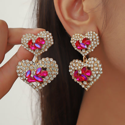 1 Pair Lady Heart Shape Inlay Alloy Artificial Diamond Drop Earrings