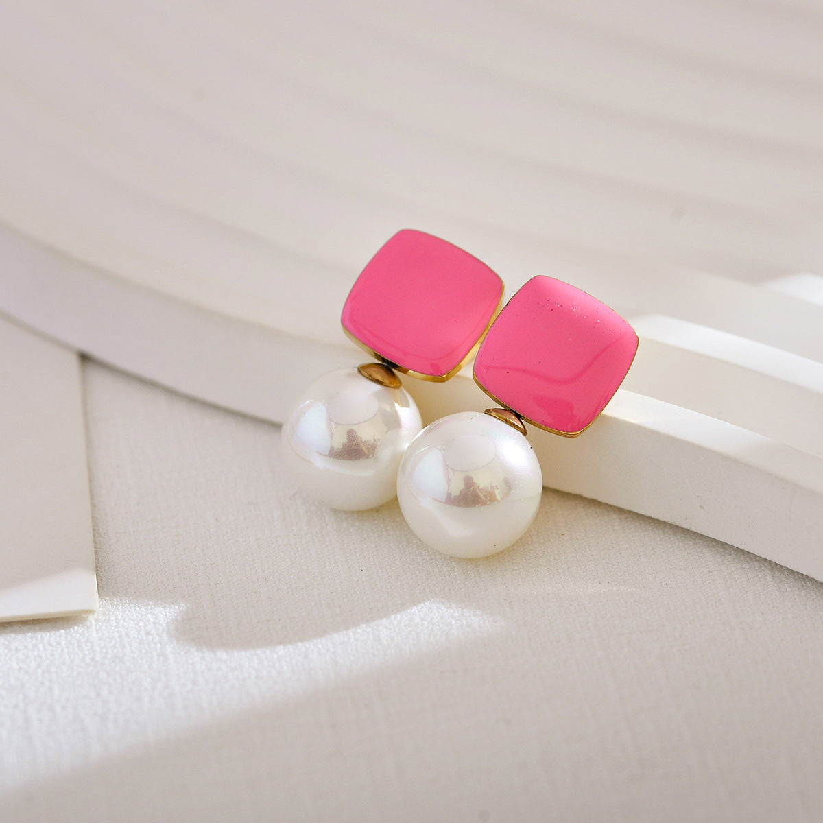 1 Pair Simple Style Square Enamel Inlay Stainless Steel Artificial Pearls Drop Earrings