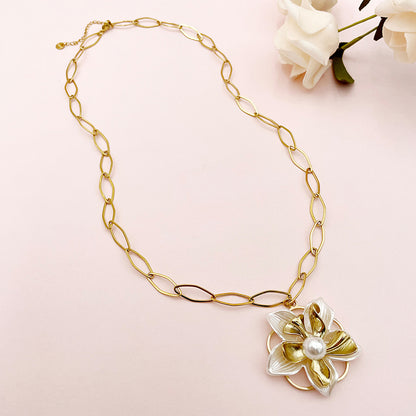 Elegant French Style Flower Stainless Steel Plating Inlay Artificial Pearls Gold Plated Pendant Necklace