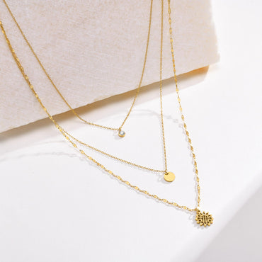 Vacation Simple Style Sunflower Stainless Steel Plating Inlay Zircon Gold Plated Three Layer Necklace