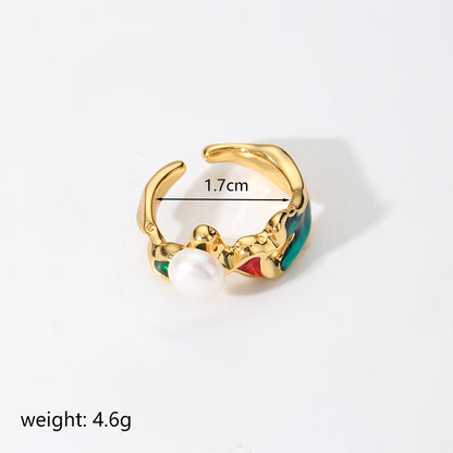 Classical Retro Commute Irregular Copper Painted Plating Inlay Pearl 18k Gold Plated Open Rings