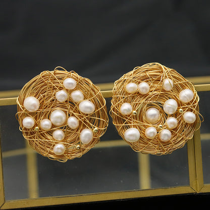 1 Pair Retro Geometric Plating Freshwater Pearl Mixed Materials 18k Gold Plated Ear Studs