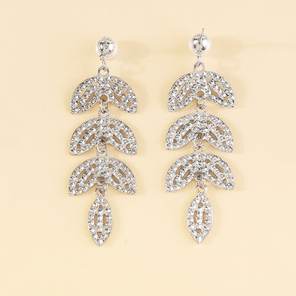 Wholesale Jewelry Elegant Shiny Leaves Imitation Pearl Iron Rhinestones Inlay Drop Earrings