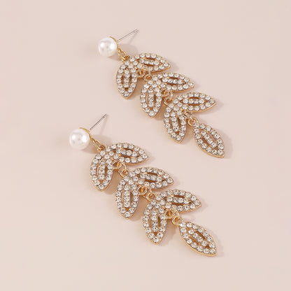 Wholesale Jewelry Elegant Shiny Leaves Imitation Pearl Iron Rhinestones Inlay Drop Earrings