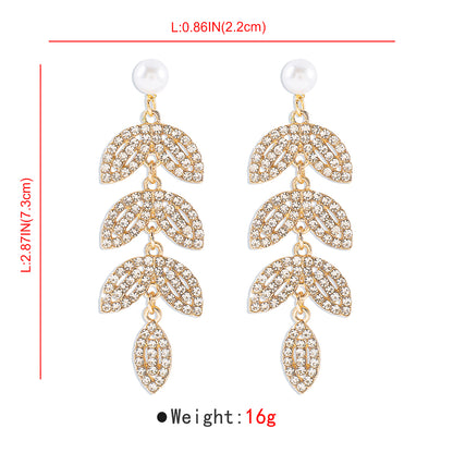 Wholesale Jewelry Elegant Shiny Leaves Imitation Pearl Iron Rhinestones Inlay Drop Earrings