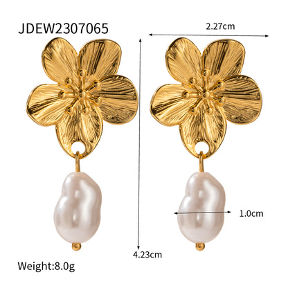 1 Pair Simple Style Flower Inlay Stainless Steel Pearl 18k Gold Plated Drop Earrings