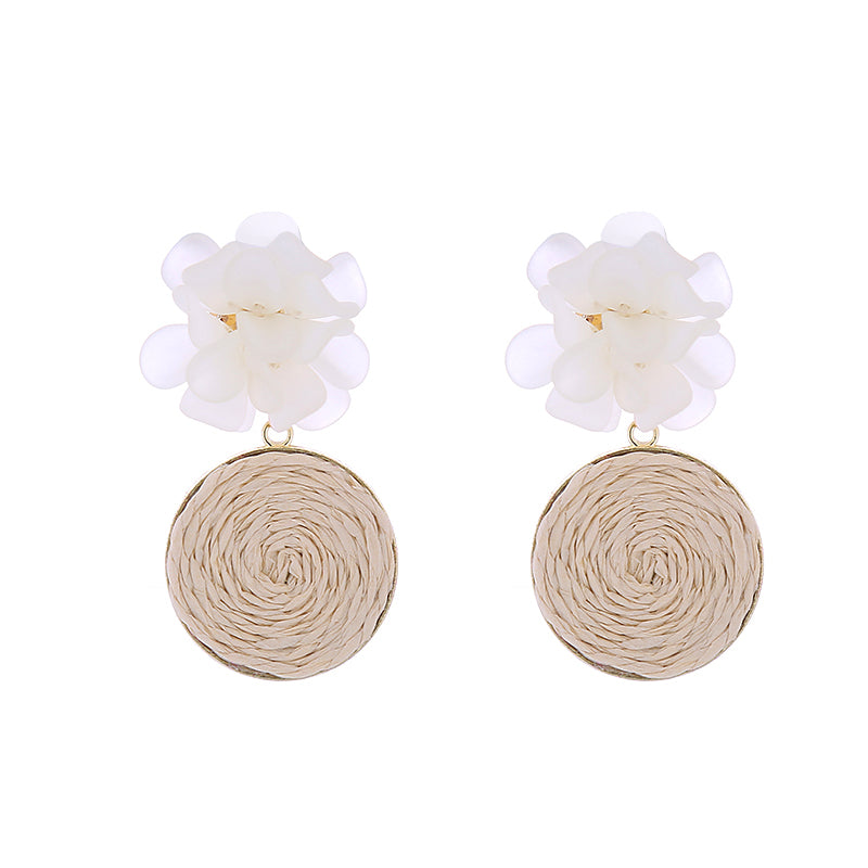 1 Pair Elegant Cute Round Flower Braid Raffia Resin Drop Earrings