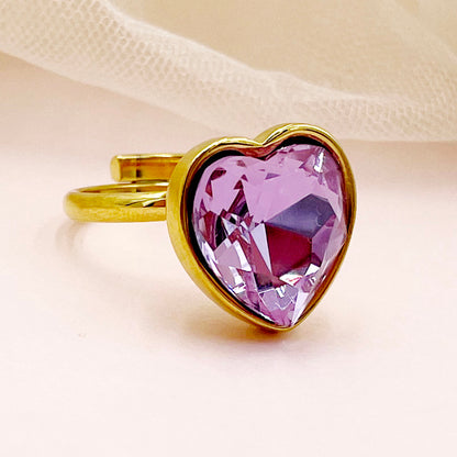 Elegant Lady Classic Style Heart Shape Stainless Steel Gold Plated Zircon Open Rings In Bulk