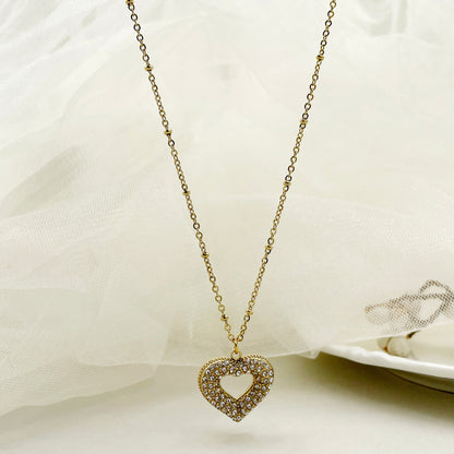 Glam Romantic Heart Shape Stainless Steel Plating Inlay Rhinestones Gold Plated Pendant Necklace