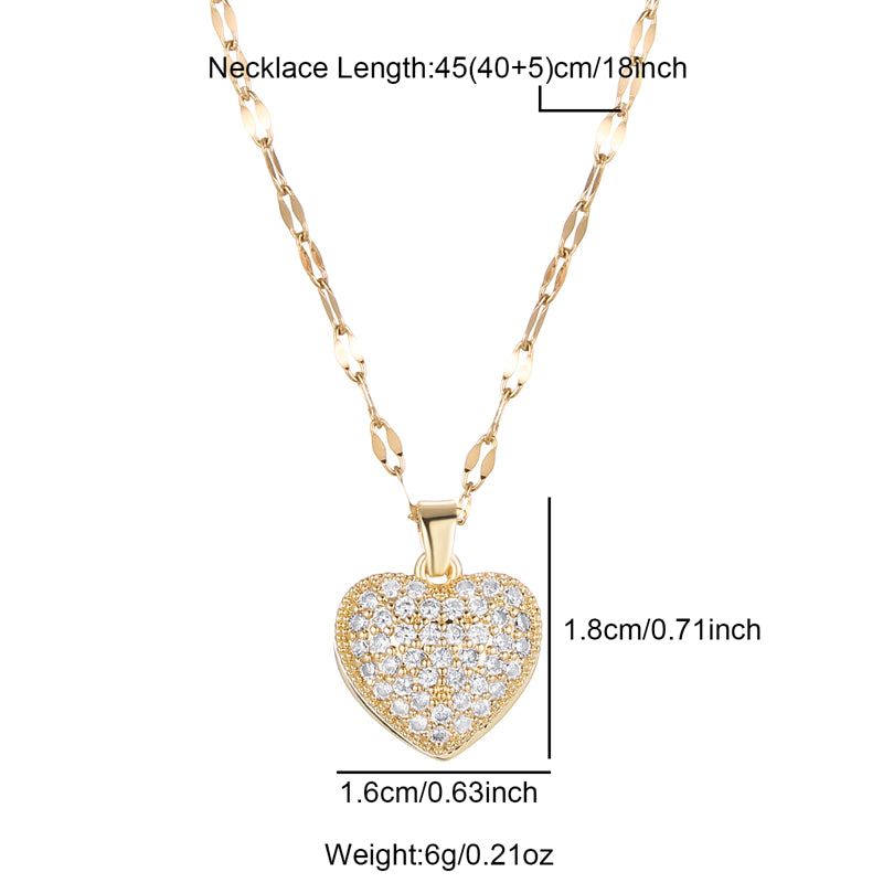 Princess Cute Commute Heart Shape Stainless Steel Brass Plating Inlay Zircon 18k Gold Plated Pendant Necklace