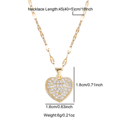 Princess Cute Commute Heart Shape Stainless Steel Brass Plating Inlay Zircon 18k Gold Plated Pendant Necklace