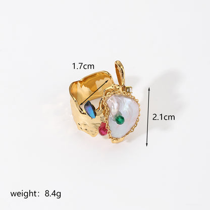 Retro Baroque Style Commute Geometric Copper Plating Inlay Pearl 18k Gold Plated Open Rings