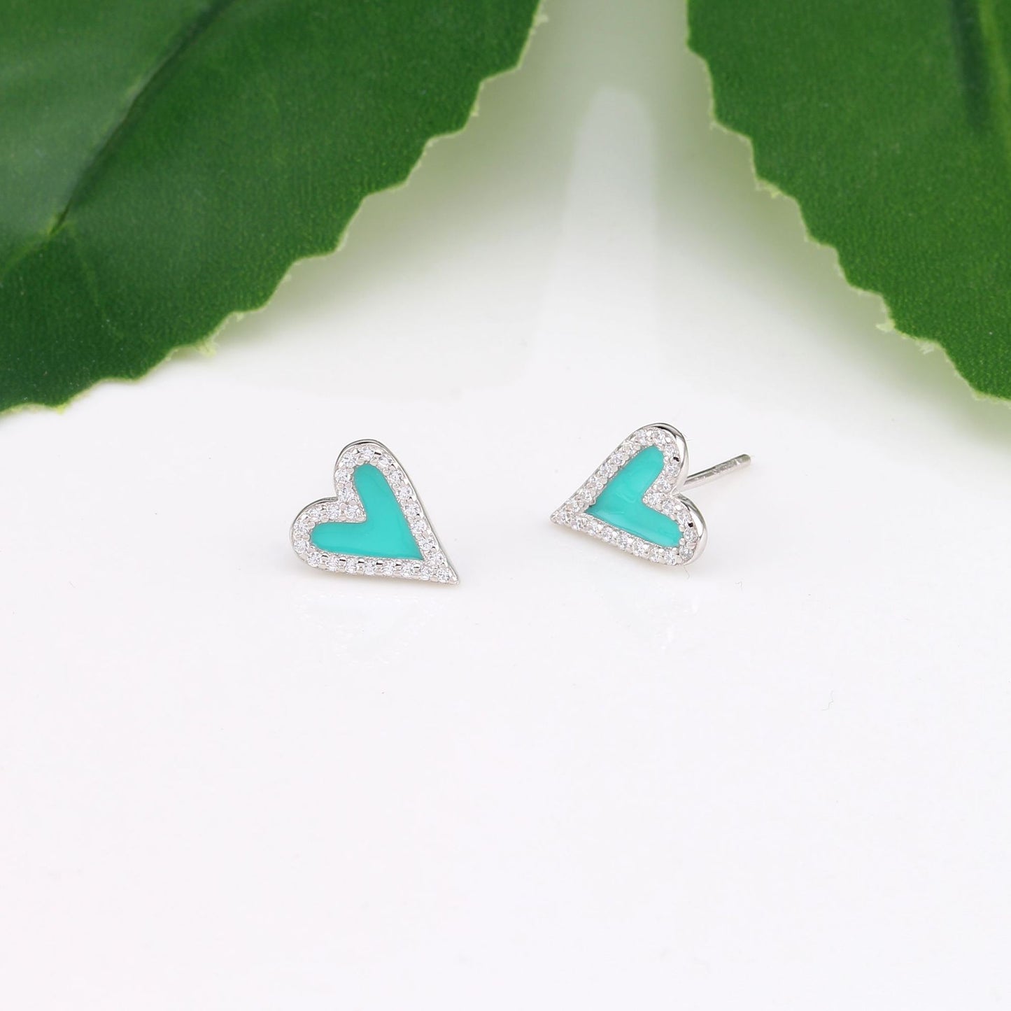 1 Pair Sweet Heart Shape Enamel Inlay Sterling Silver Zircon Ear Studs