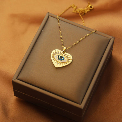 Sweet Eye Titanium Steel Plating Inlay Zircon Pendant Necklace