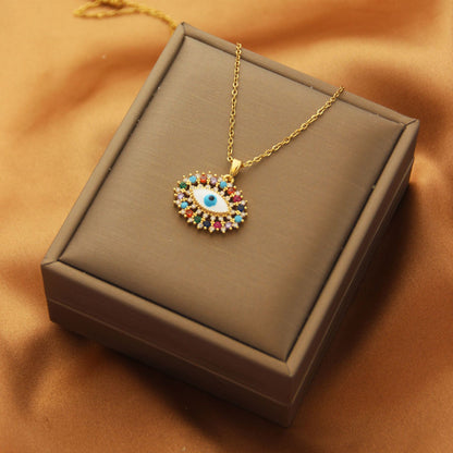 Sweet Eye Titanium Steel Plating Inlay Zircon Pendant Necklace