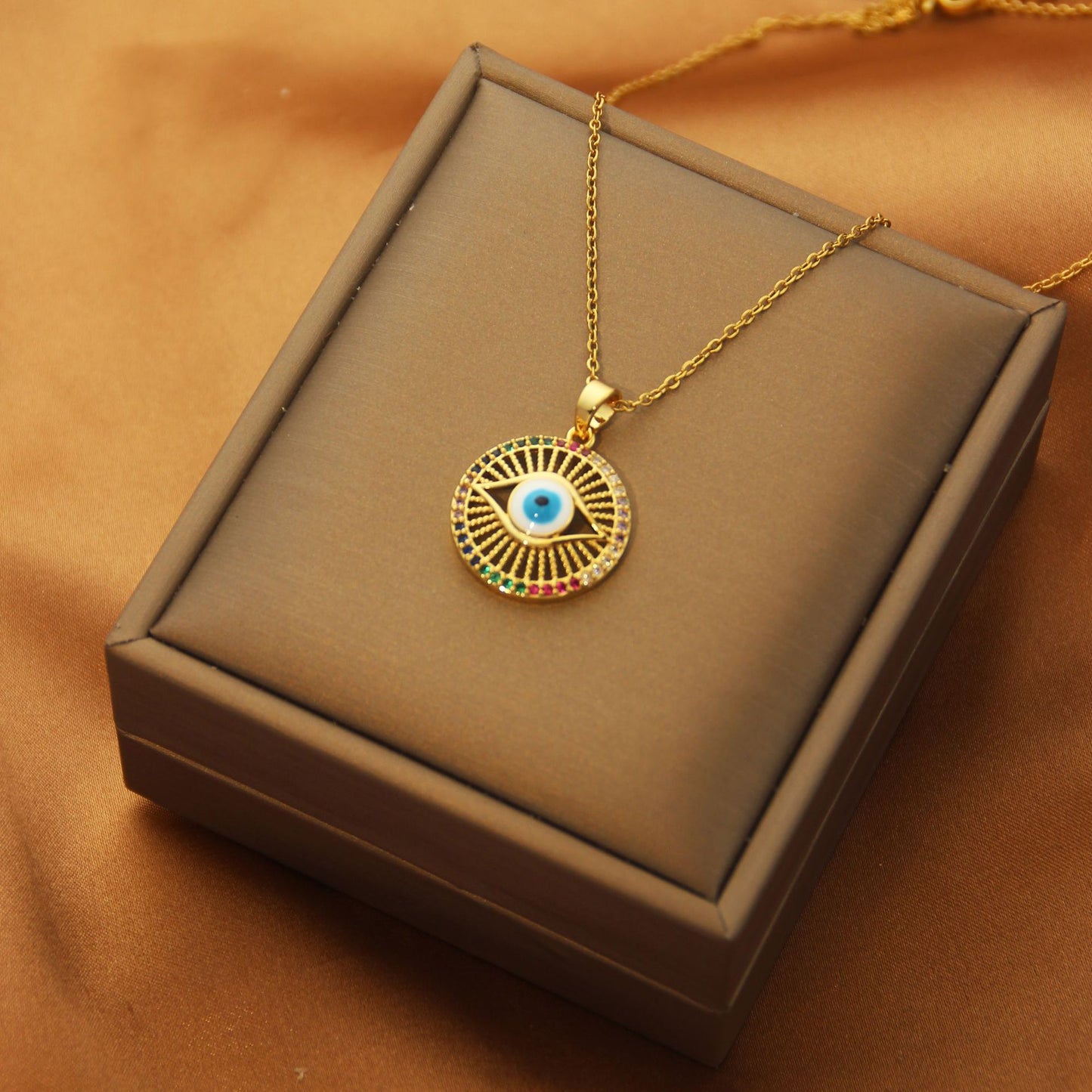 Sweet Eye Titanium Steel Plating Inlay Zircon Pendant Necklace