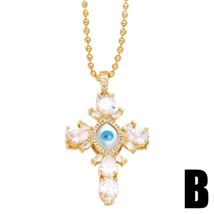 Original Design Fashion Cross Devil's Eye Copper Plating Inlay Zircon 18k Gold Plated Necklace