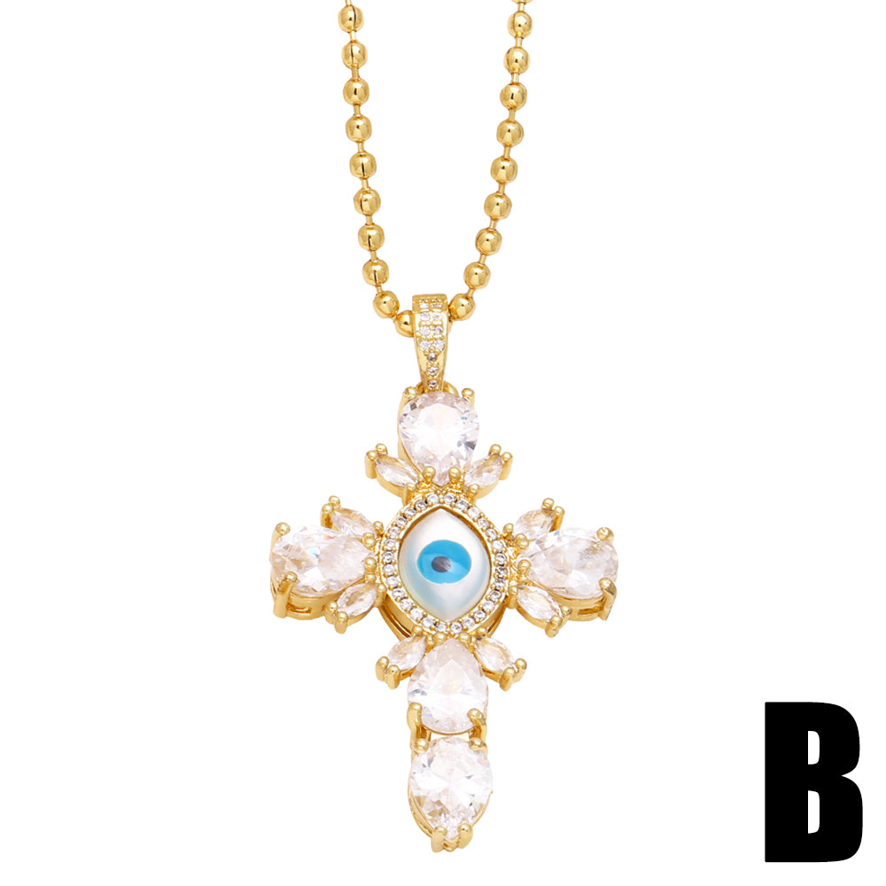 Original Design Fashion Cross Devil's Eye Copper Plating Inlay Zircon 18k Gold Plated Necklace