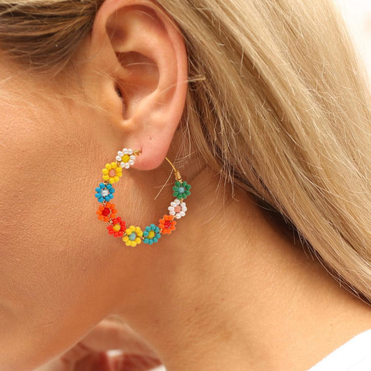 1 Pair Bohemian Flower Beaded Hoop Earrings