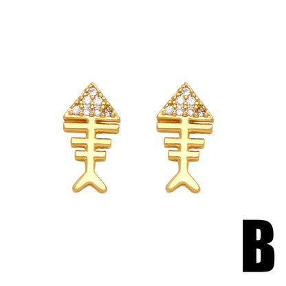 1 Pair Simple Style Heart Shape Crab Fish Bone Plating Inlay Copper Zircon 18k Gold Plated Ear Studs