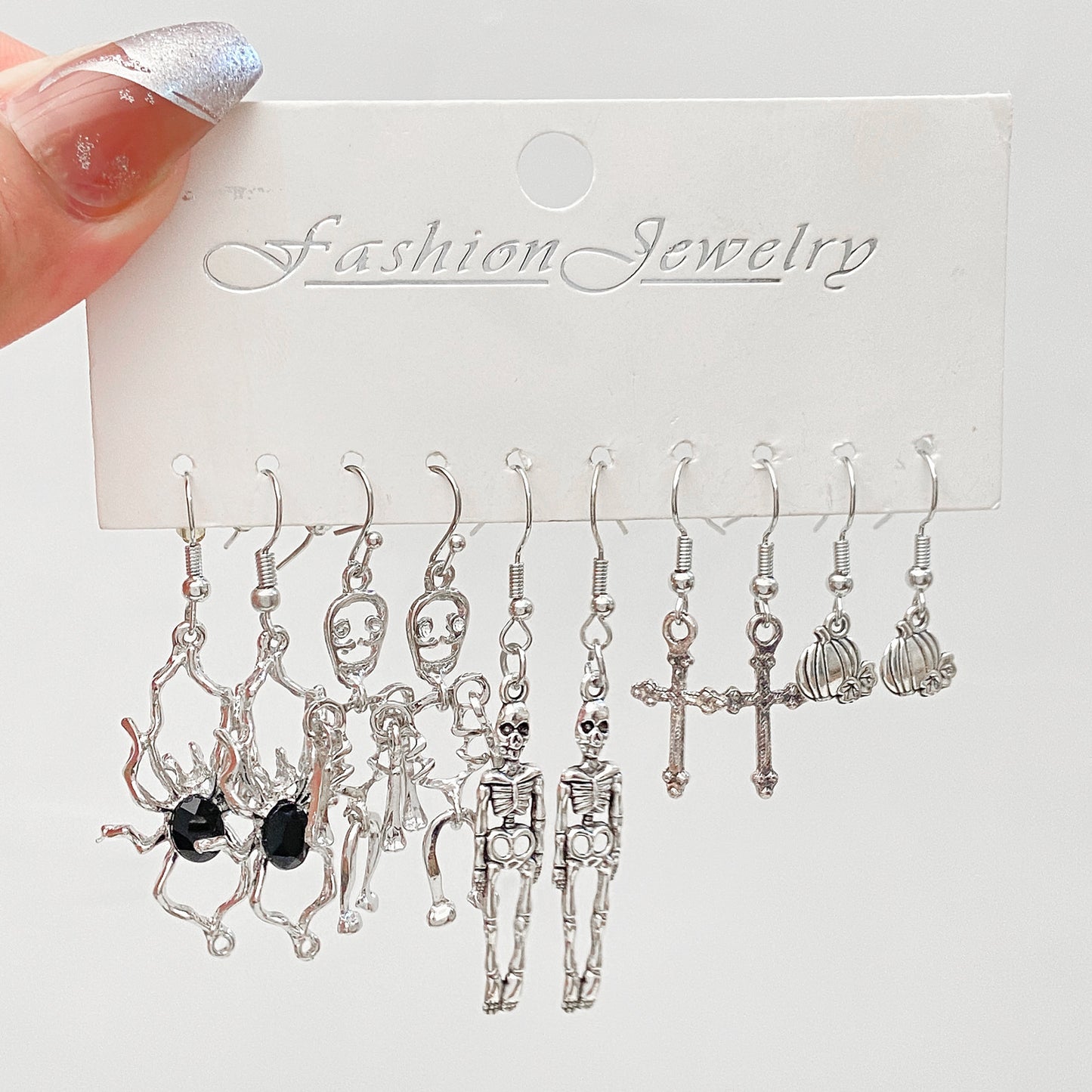 1 Set Gothic Vintage Style Funny Pumpkin Spider Skull Alloy Silver Plated Drop Earrings