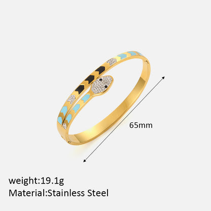 Fashion Snake Stainless Steel Inlay Artificial Gemstones Bangle