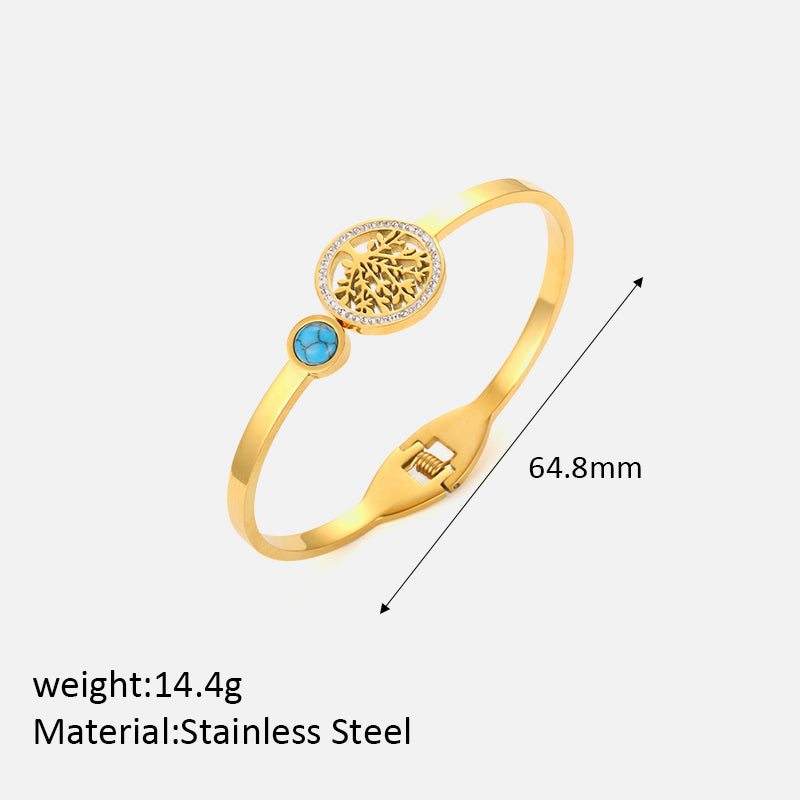 Simple Style Commute Bc1035 Lucky Tree Stainless Steel Inlay Artificial Gemstones Bangle