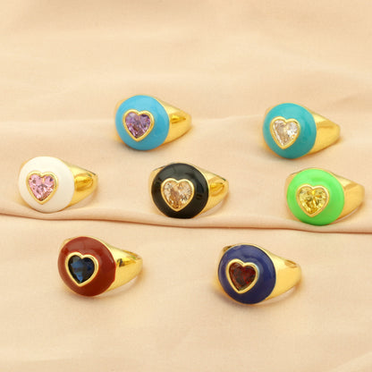 Casual Streetwear Triangle Square Heart Shape Copper Enamel Plating Inlay Zircon 18k Gold Plated Open Rings