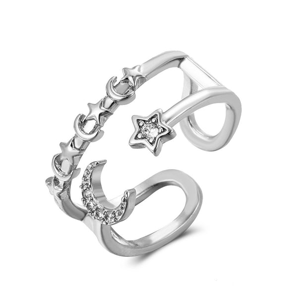 European And American Fashion Ladies Ring Three-layer Hollow Star Moon Ring Personalized Diamond Pentagram Opening Ring