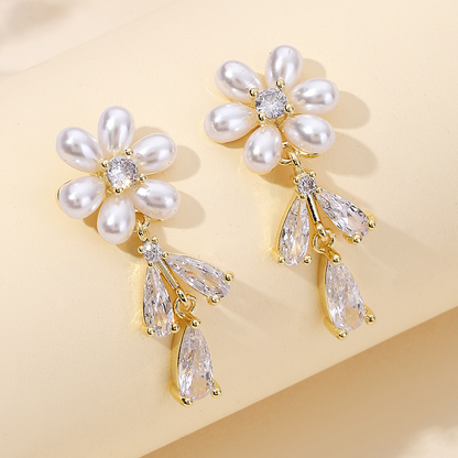 1 Pair Ig Style Shiny Water Droplets Flower Plating Inlay Copper Artificial Pearls Zircon 18k Gold Plated Drop Earrings