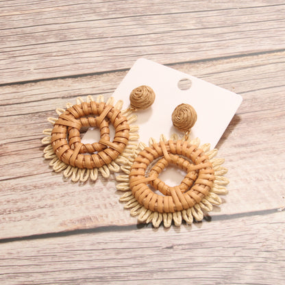 Wholesale Jewelry Retro Round Square Raffia Handmade Drop Earrings