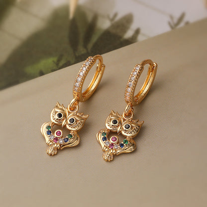 1 Pair Simple Style Commute Owl Plating Inlay Copper Zircon 18k Gold Plated Drop Earrings