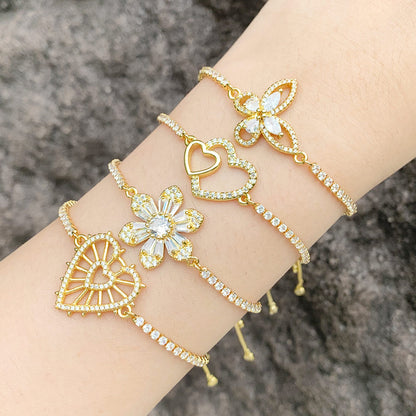 Fashion Simple Style Heart Shape Flower Butterfly Copper Plating Inlay Zircon 18k Gold Plated Bracelets