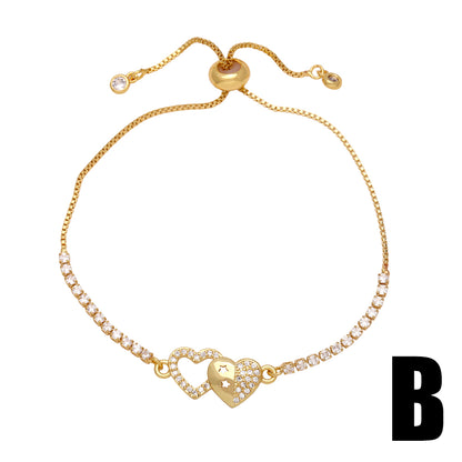 Fashion Simple Style Round Heart Shape Copper Plating Inlay Zircon 18k Gold Plated Bracelets